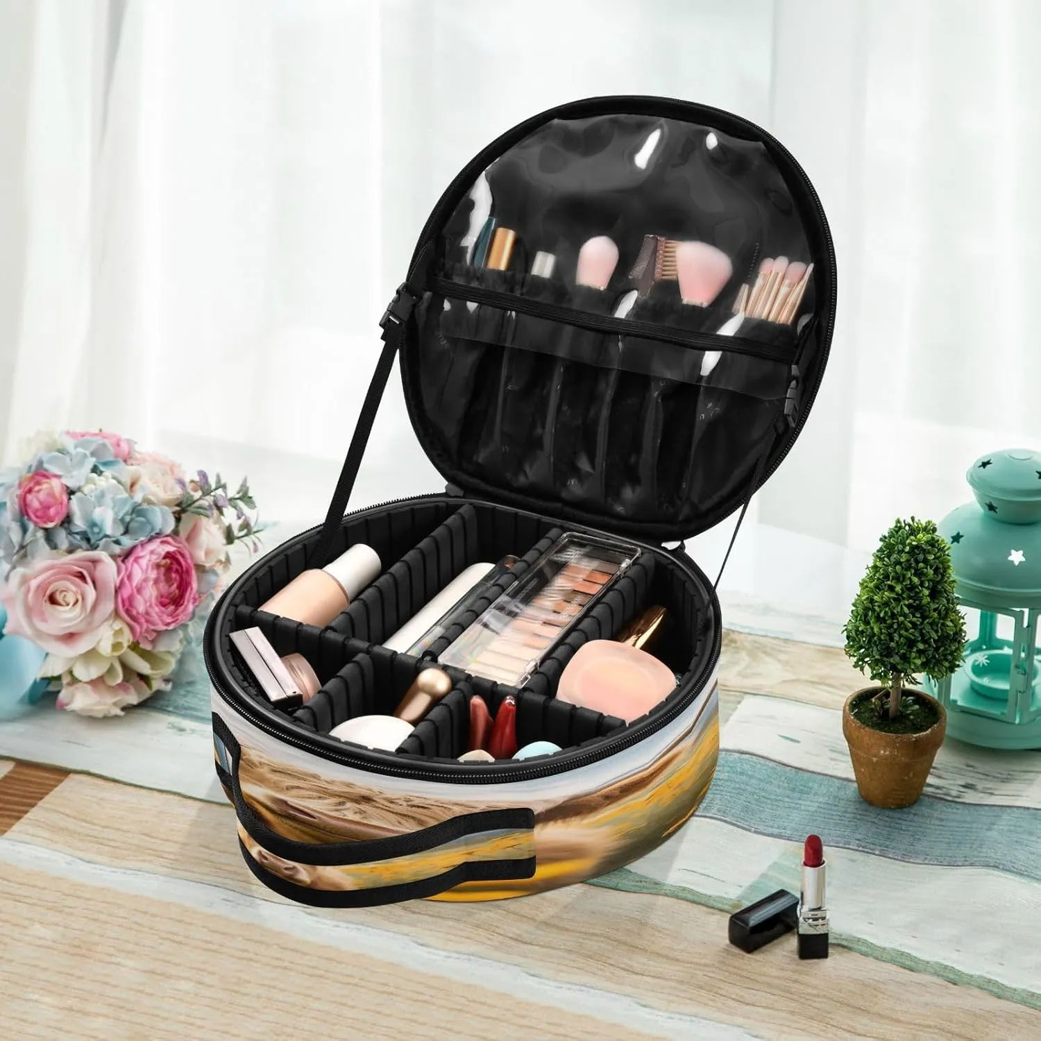 senya Round Cosmetic Pouch Travel Makeup Train Case Bull Flowers Makeup Organizer Bag with Adjustable Dividers Portable for Cosmetics Makeup Brushes Toiletry Jewelry Accessories