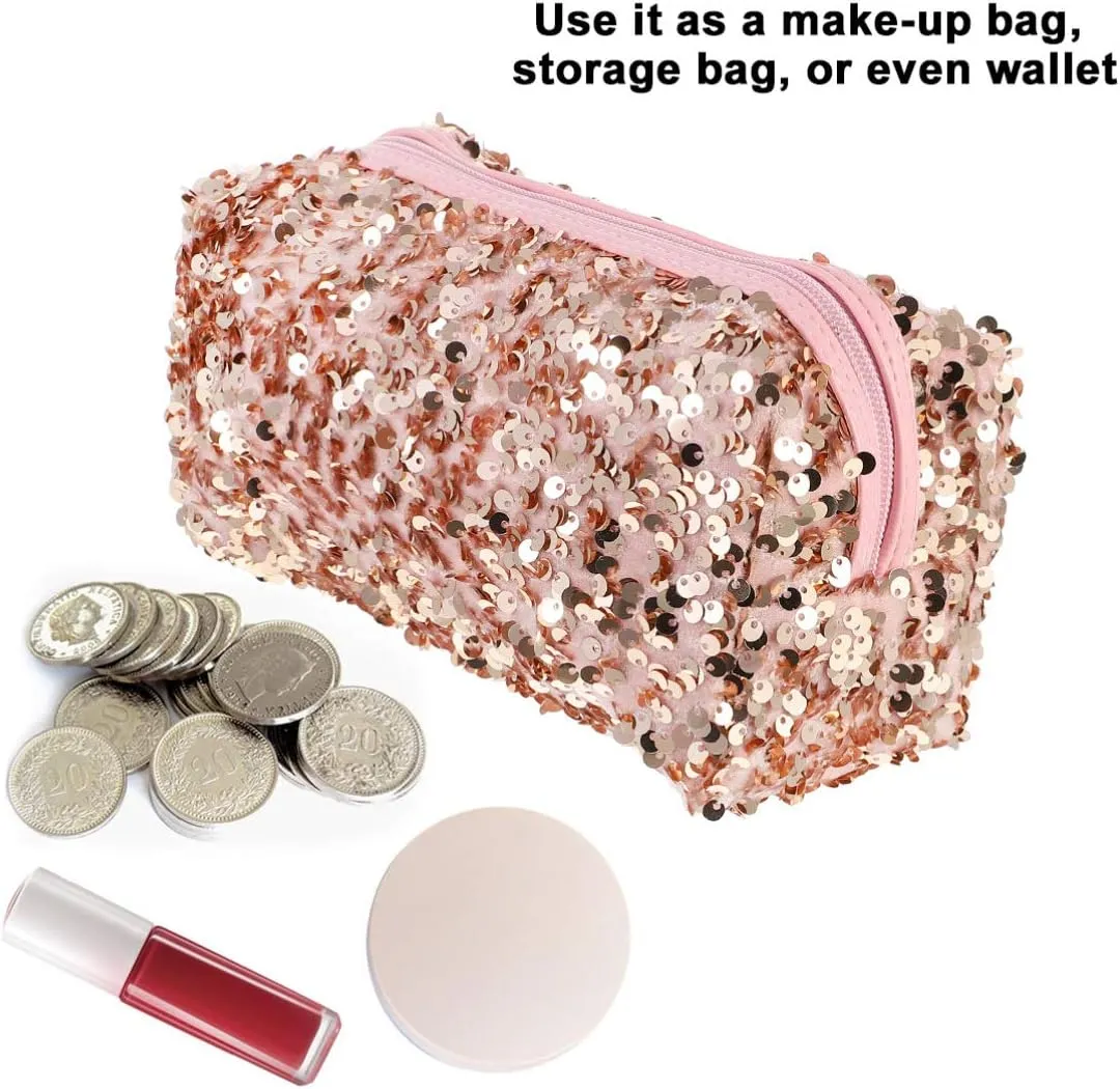 Sequin Cosmetic Bag Portable Glitter Makeup Zipper Bag Toiletry Bag Sequin Organizer Bag for Women Girls Travel Daily Use (Black)