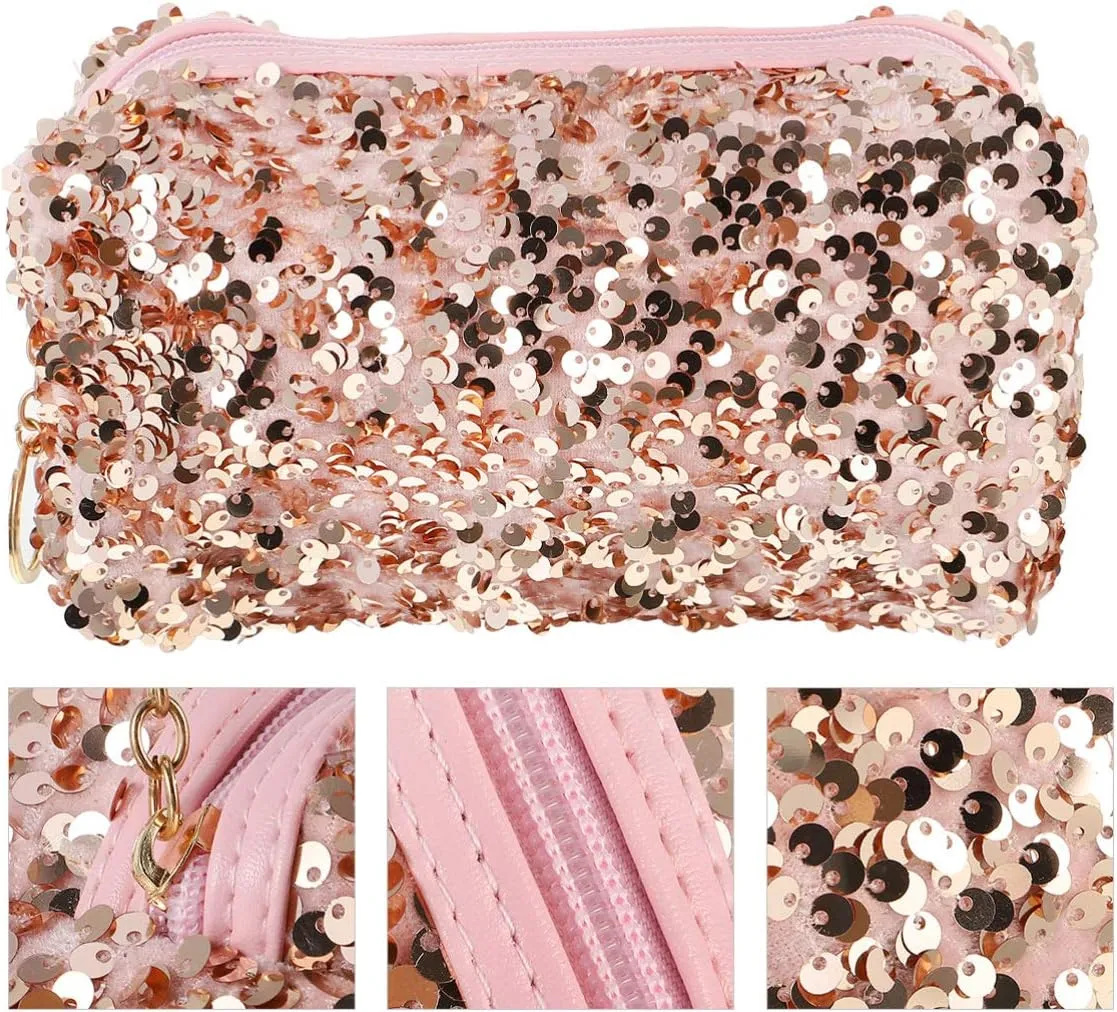 Sequin Cosmetic Bag Portable Glitter Makeup Zipper Bag Toiletry Bag Sequin Organizer Bag for Women Girls Travel Daily Use (Black)