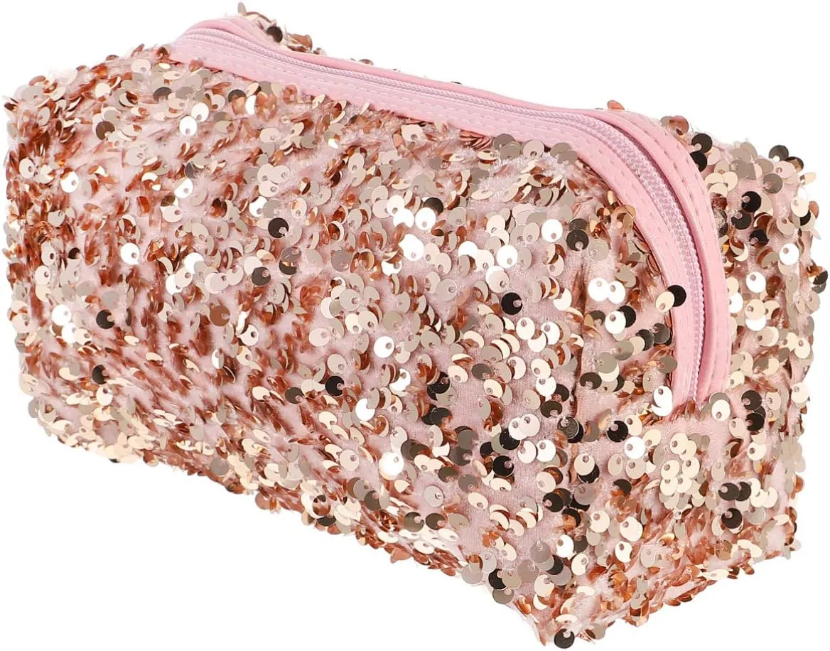 Sequin Cosmetic Bag Portable Glitter Makeup Zipper Bag Toiletry Bag Sequin Organizer Bag for Women Girls Travel Daily Use (Black)