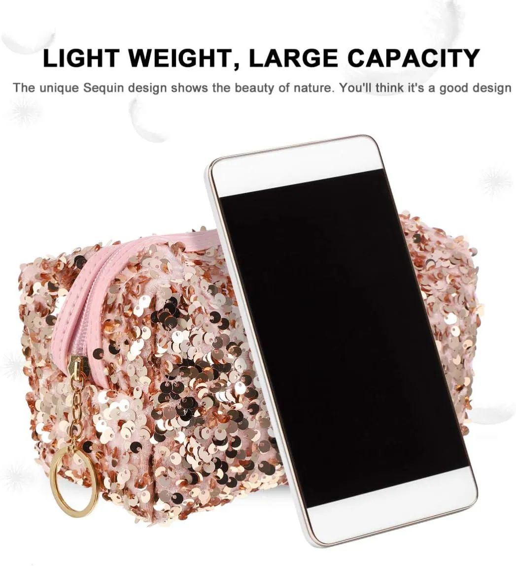 Sequin Cosmetic Bag Portable Glitter Makeup Zipper Bag Toiletry Bag Sequin Organizer Bag for Women Girls Travel Daily Use (Black)