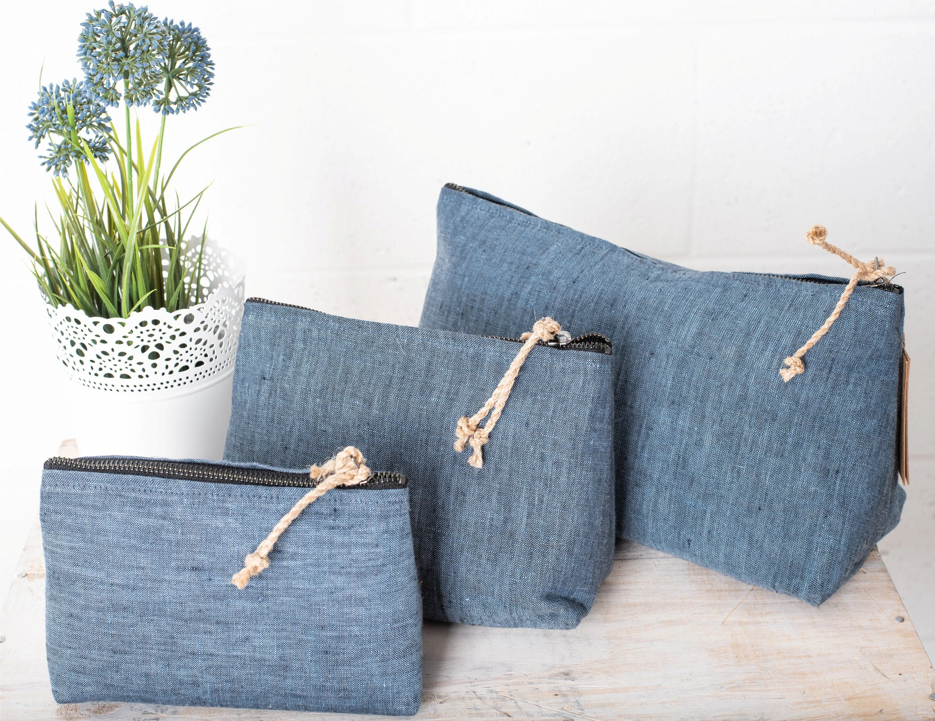 Set of 3 Linen Cosmetic Bags