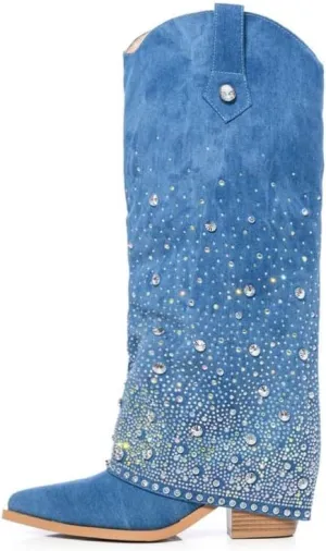 sexytag Women's Sparkly Rhinestone Cowboy Western Denim Boots Knee High Pointed Toe Pull-On Jean Boots