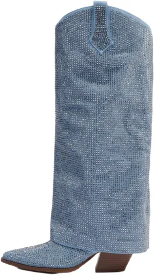 sexytag Women's Sparkly Rhinestone Cowboy Western Denim Boots Knee High Pointed Toe Pull-On Jean Boots