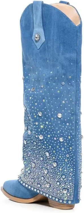 sexytag Women's Sparkly Rhinestone Cowboy Western Denim Boots Knee High Pointed Toe Pull-On Jean Boots