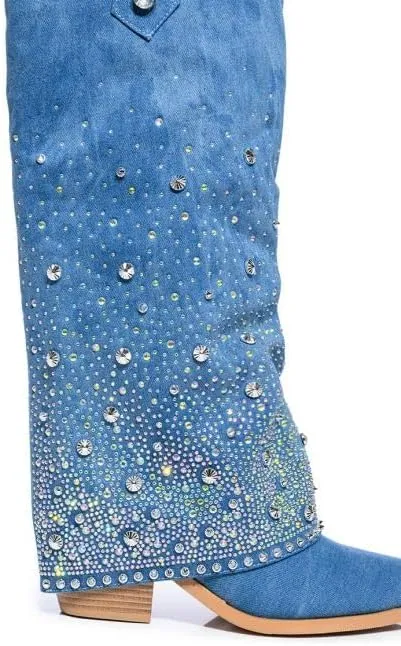 sexytag Women's Sparkly Rhinestone Cowboy Western Denim Boots Knee High Pointed Toe Pull-On Jean Boots