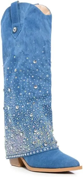 sexytag Women's Sparkly Rhinestone Cowboy Western Denim Boots Knee High Pointed Toe Pull-On Jean Boots