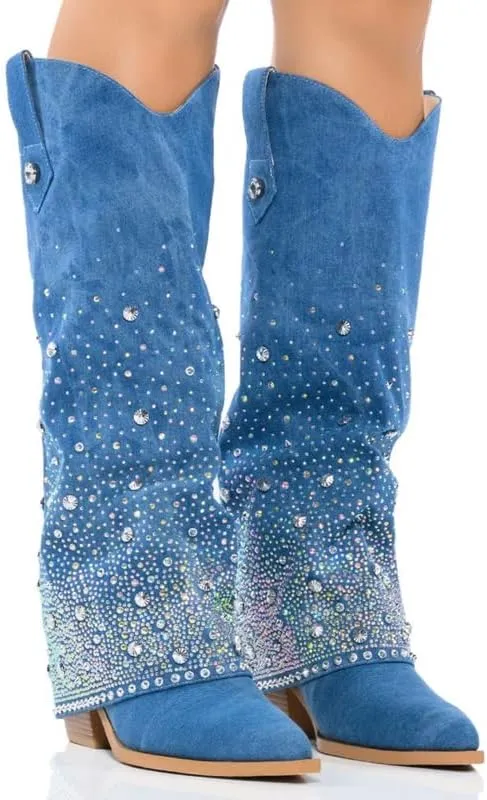 sexytag Women's Sparkly Rhinestone Cowboy Western Denim Boots Knee High Pointed Toe Pull-On Jean Boots