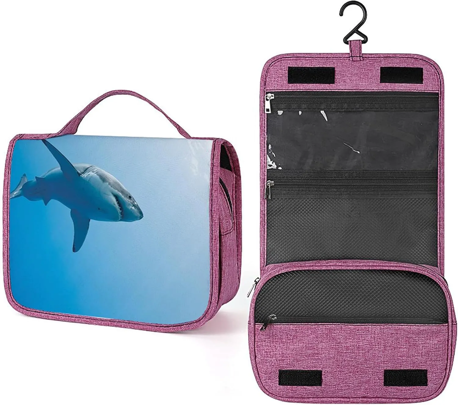 Shark Pattern,Makeup Bag Cosmetic Travel Bag with Hanging Hook,Fish Swimming in The Ocean,Water-resistant Make Up Bag Organizer for Brushes,Full-size Container,Toiletries,Blue, Blue_16