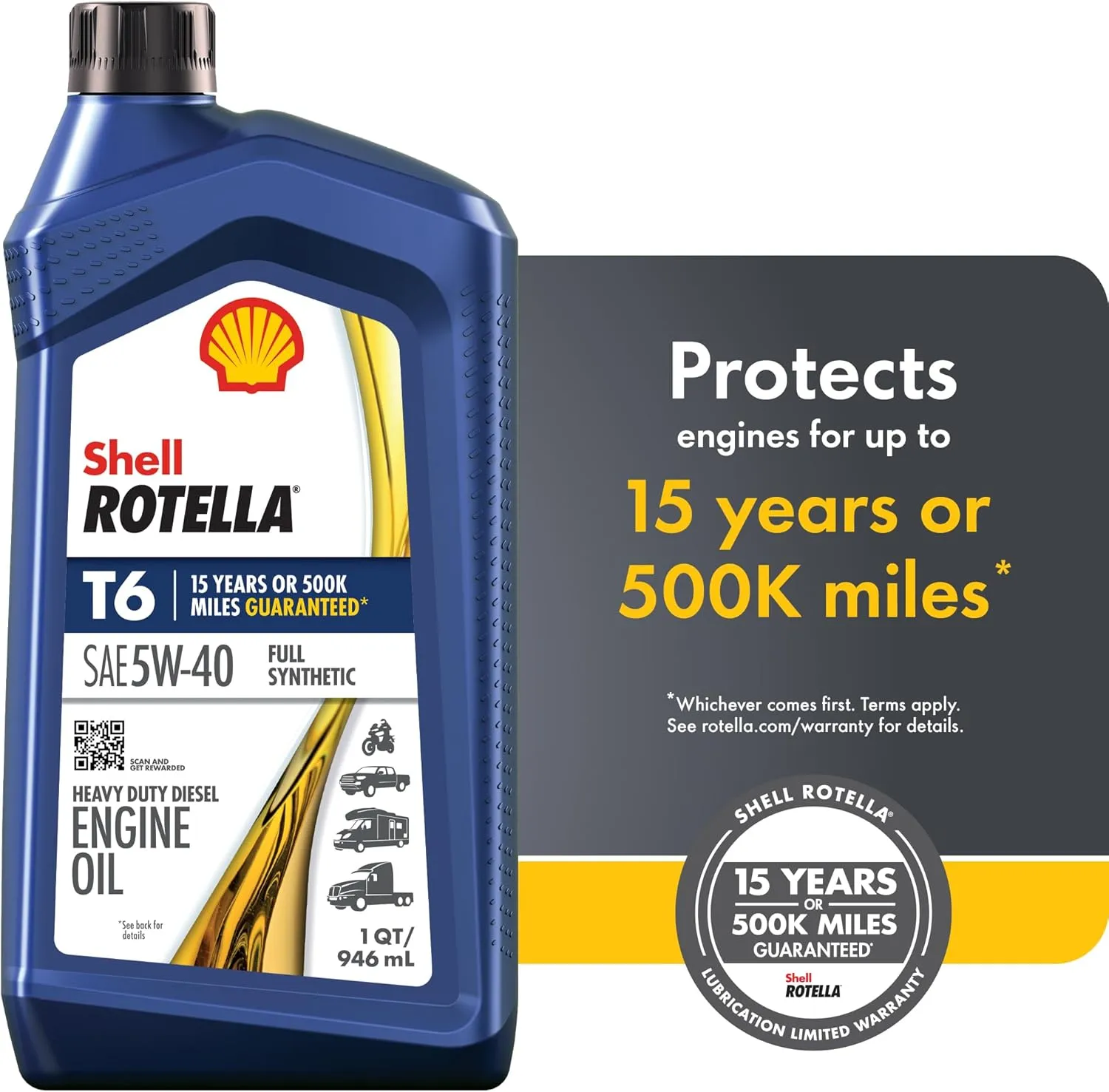 Shell Rotella T6 Full Synthetic 5W-40 Motor Oil, 1 Quart (6 Pack)