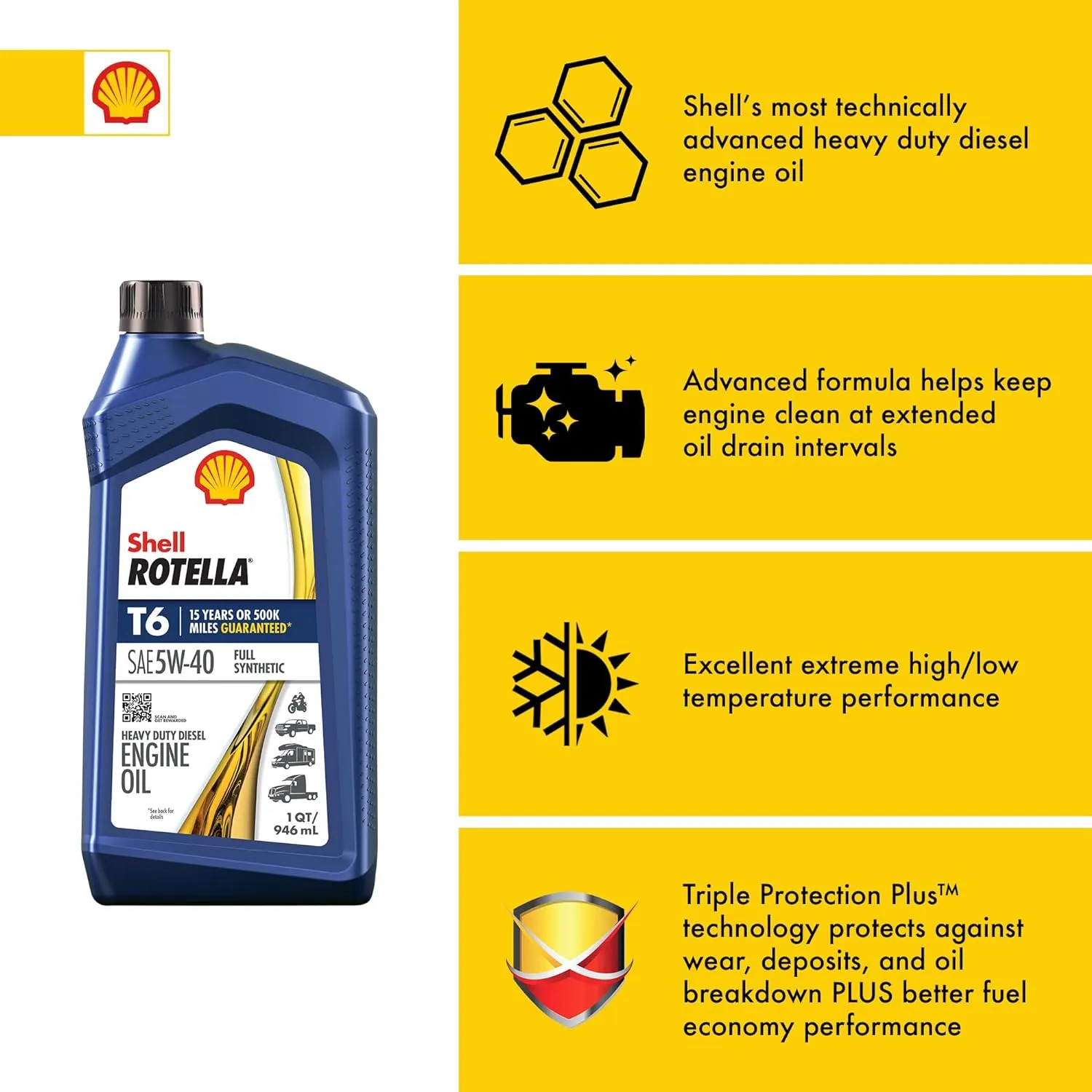 Shell Rotella T6 Full Synthetic 5W-40 Motor Oil, 1 Quart (6 Pack)