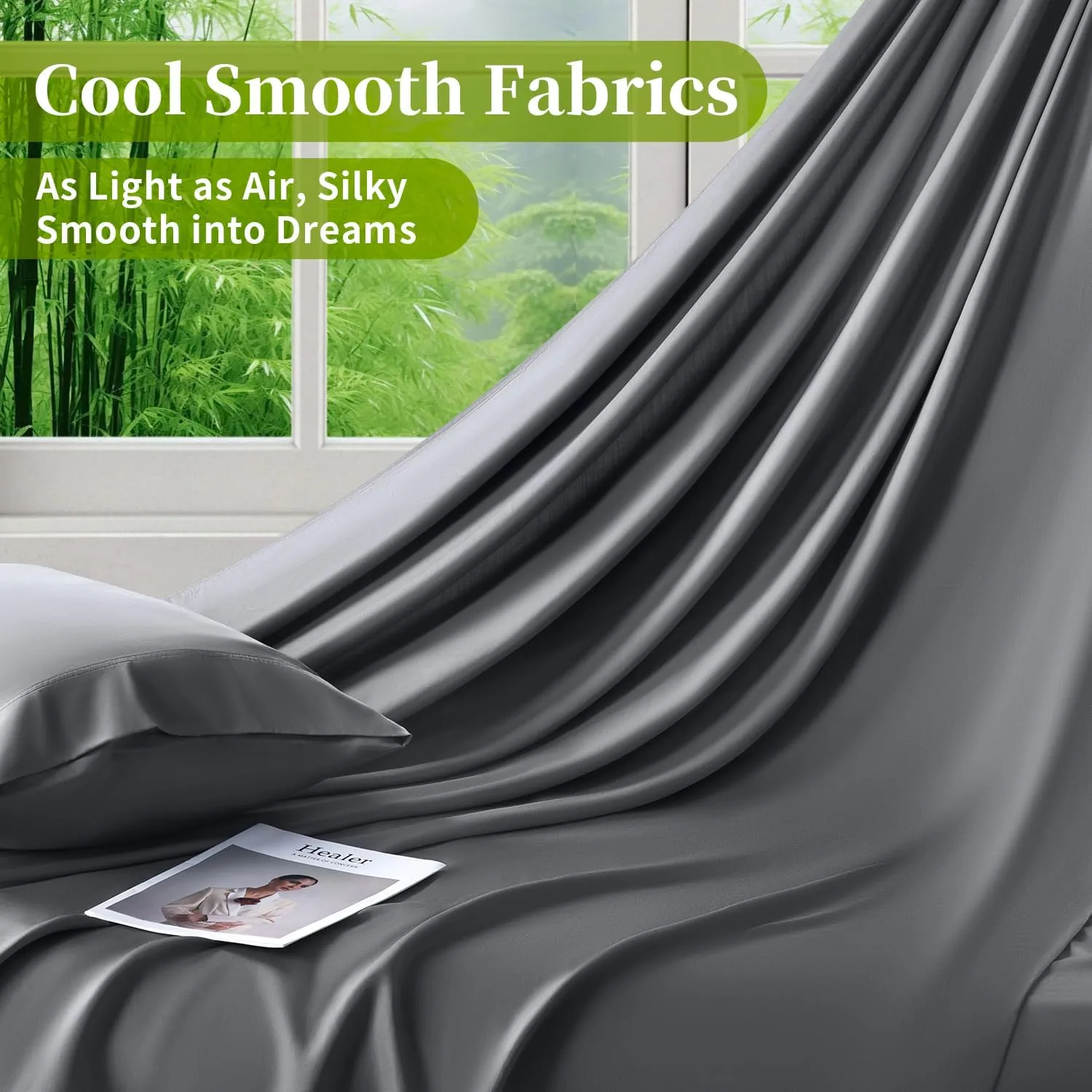Shilucheng 100% Viscose Derived from Bamboo_ Sheets Queen Size 4pcs - Ultra Cooling & Silky Soft Bed Sheets, 16" Deep Pocket, Perfect for Hot Sleepers, Hotel Bedding Sheets (Dark Grey)