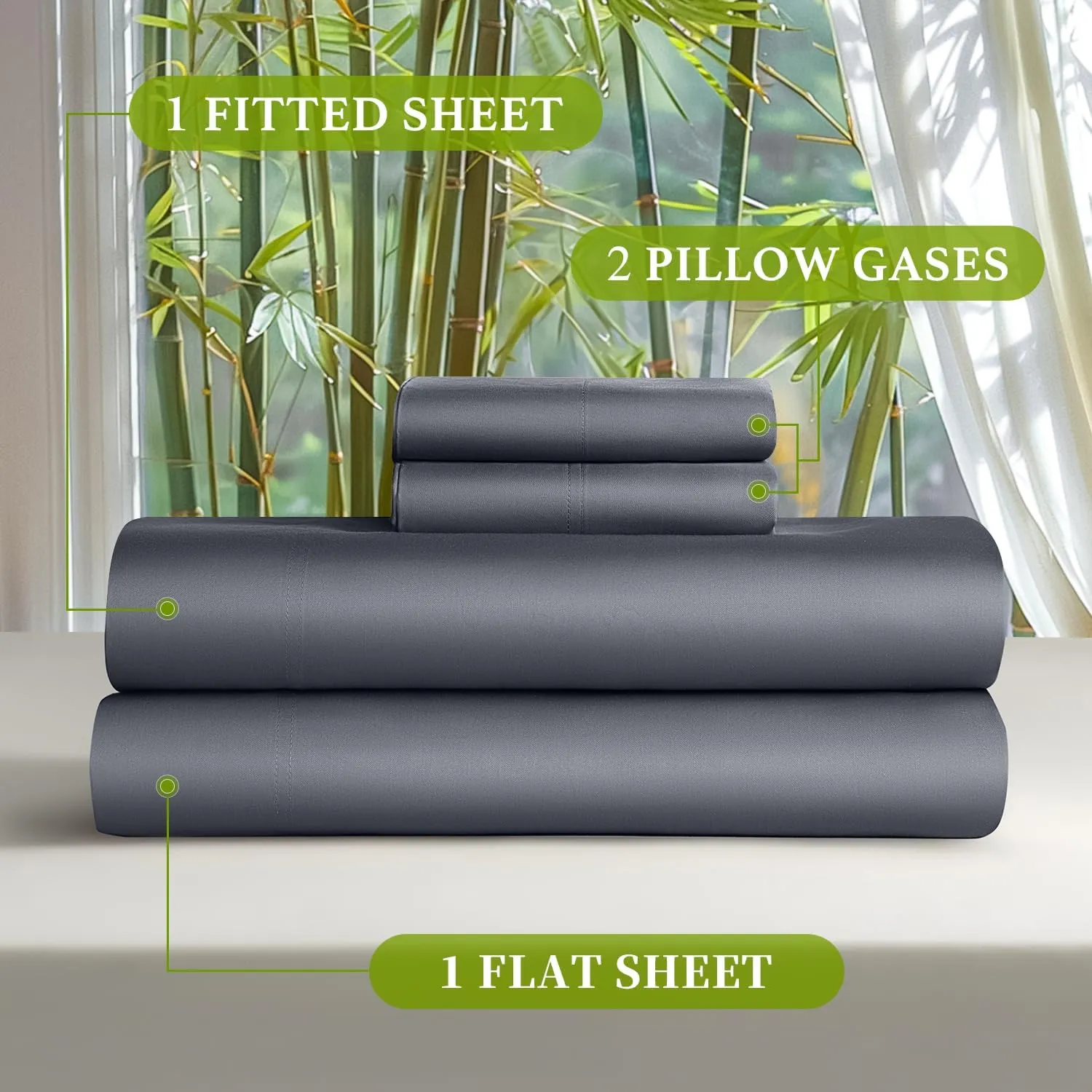 Shilucheng 100% Viscose Derived from Bamboo_ Sheets Queen Size 4pcs - Ultra Cooling & Silky Soft Bed Sheets, 16" Deep Pocket, Perfect for Hot Sleepers, Hotel Bedding Sheets (Dark Grey)