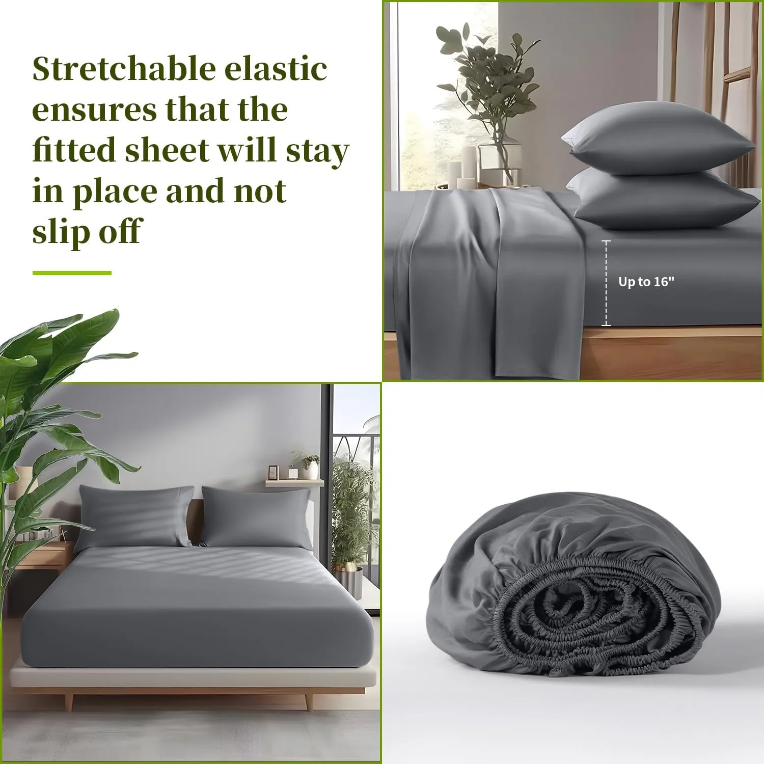 Shilucheng 100% Viscose Derived from Bamboo_ Sheets Queen Size 4pcs - Ultra Cooling & Silky Soft Bed Sheets, 16" Deep Pocket, Perfect for Hot Sleepers, Hotel Bedding Sheets (Dark Grey)