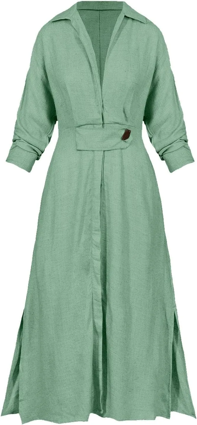 Shirt Dress for Women Lapel Collar Loose Cotton Linen Long Sleeve Cardigan Dresses Slim Fit High Waist Dress