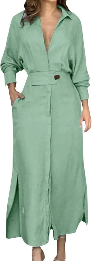 Shirt Dress for Women Lapel Collar Loose Cotton Linen Long Sleeve Cardigan Dresses Slim Fit High Waist Dress