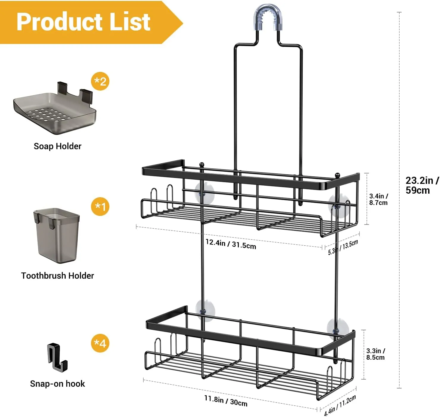Shower Caddy Hanging Bathroom Organizer: Rustproof Shelf for Inside Shower - No Drilling Racks Over Showerhead - Bath Shelves for Shampoo Soap Black