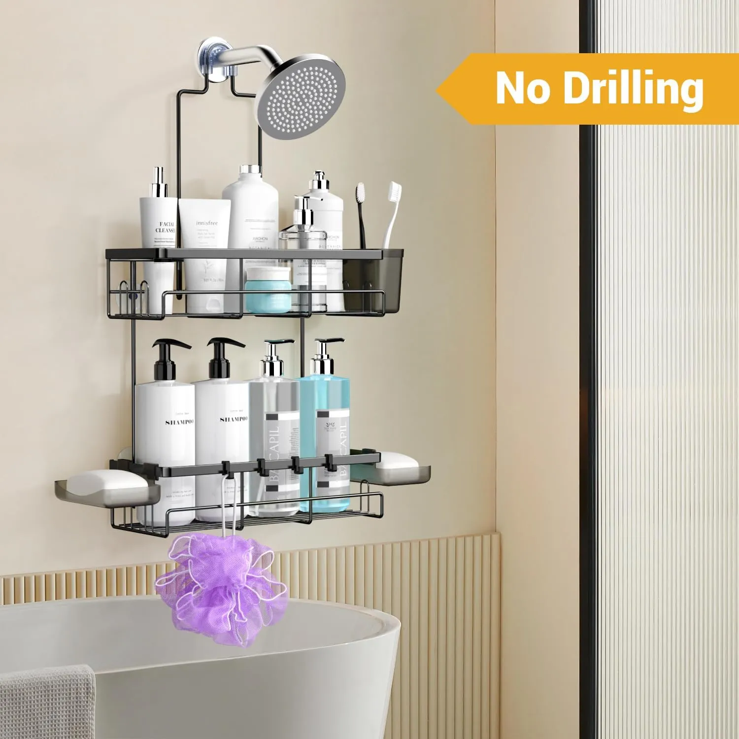 Shower Caddy Hanging Bathroom Organizer: Rustproof Shelf for Inside Shower - No Drilling Racks Over Showerhead - Bath Shelves for Shampoo Soap Black