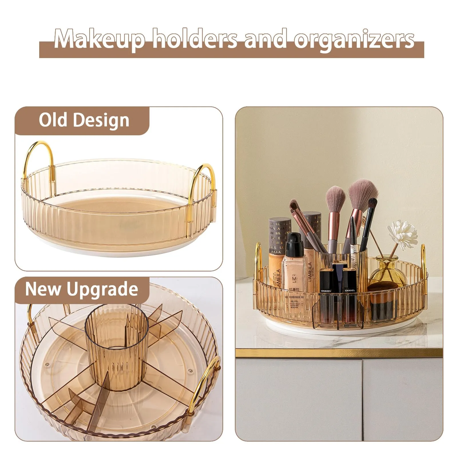 shuang qing 360° Rotating Lazy Susan Makeup Organizer, High-Capacity Bathroom Countertop Vanity Organizers, 1 Tier Spinning Skincare Storage, for Perfume/Cosmetic/Makeup Brushes/Lotion（Gold）
