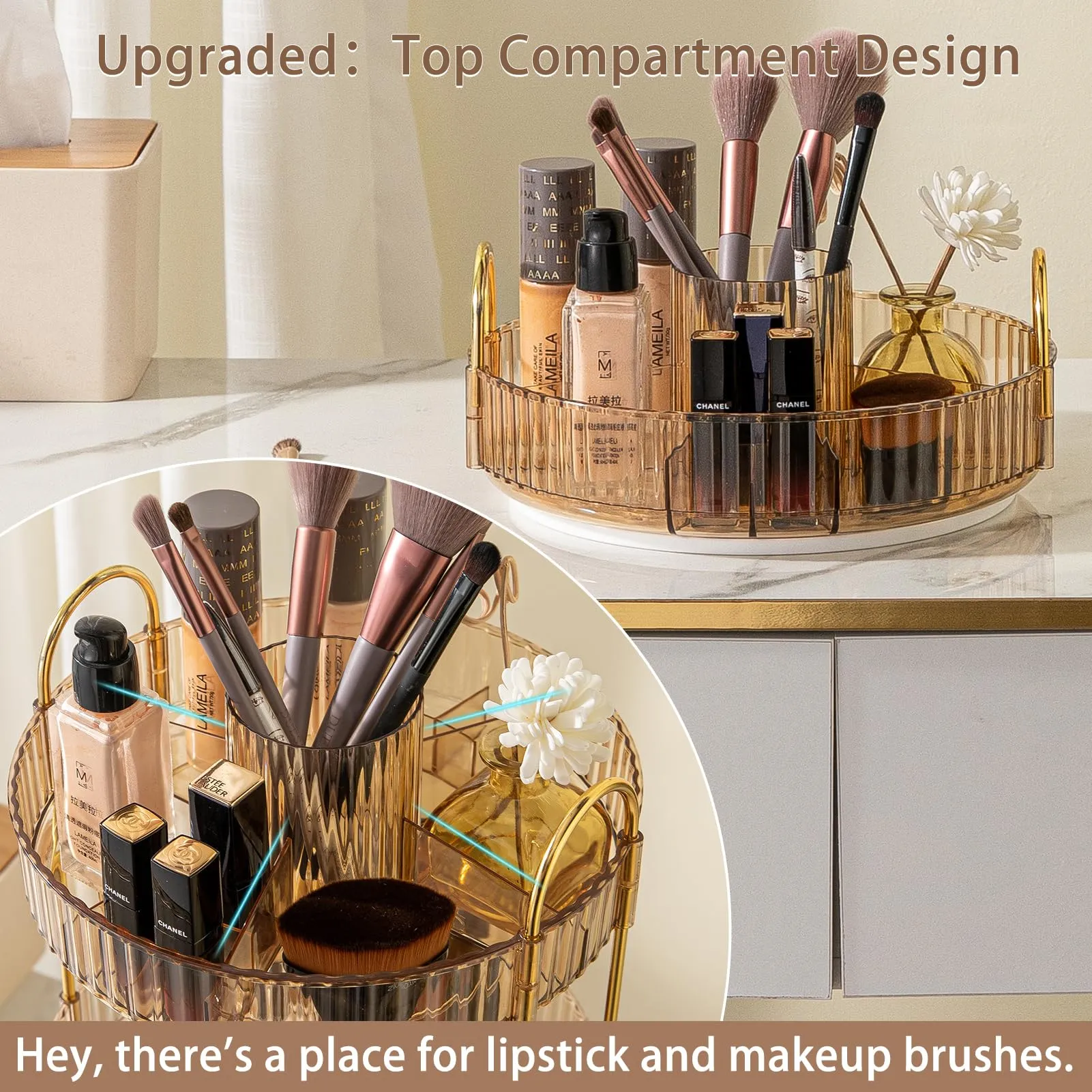 shuang qing 360° Rotating Lazy Susan Makeup Organizer, High-Capacity Bathroom Countertop Vanity Organizers, 1 Tier Spinning Skincare Storage, for Perfume/Cosmetic/Makeup Brushes/Lotion（Gold）