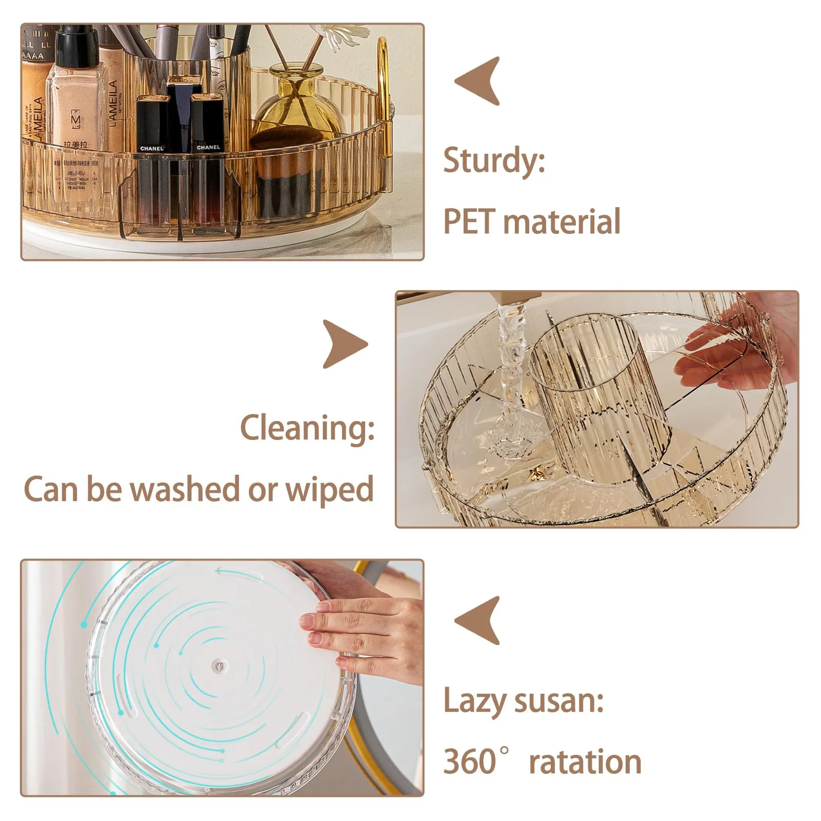 shuang qing 360° Rotating Lazy Susan Makeup Organizer, High-Capacity Bathroom Countertop Vanity Organizers, 1 Tier Spinning Skincare Storage, for Perfume/Cosmetic/Makeup Brushes/Lotion（Gold）