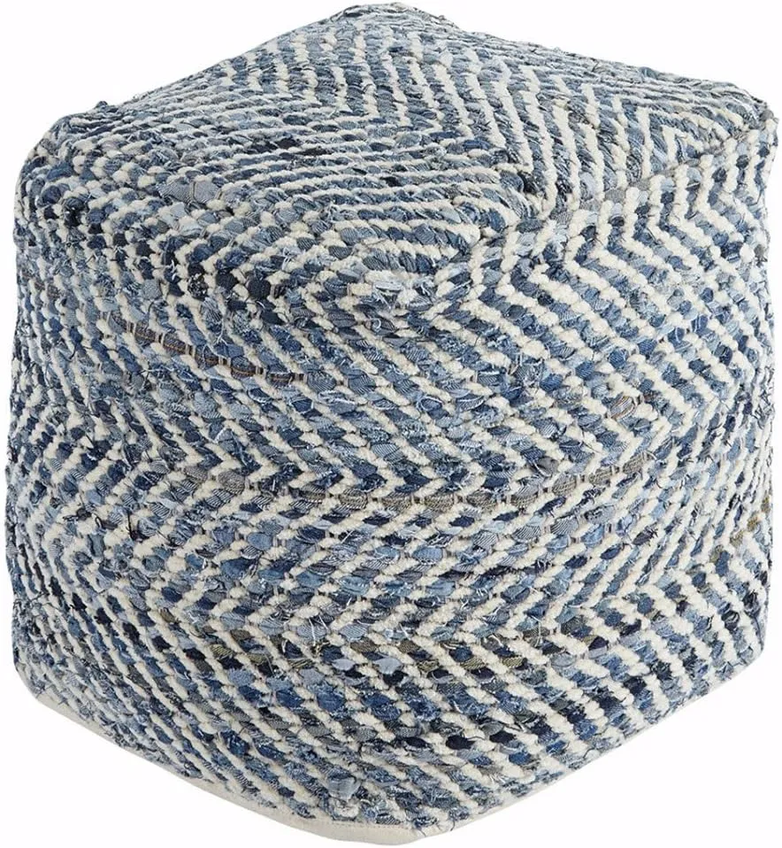 Signature Design by Ashley Chevron Handmade Woven Pouf 18 x 18, Blue and White