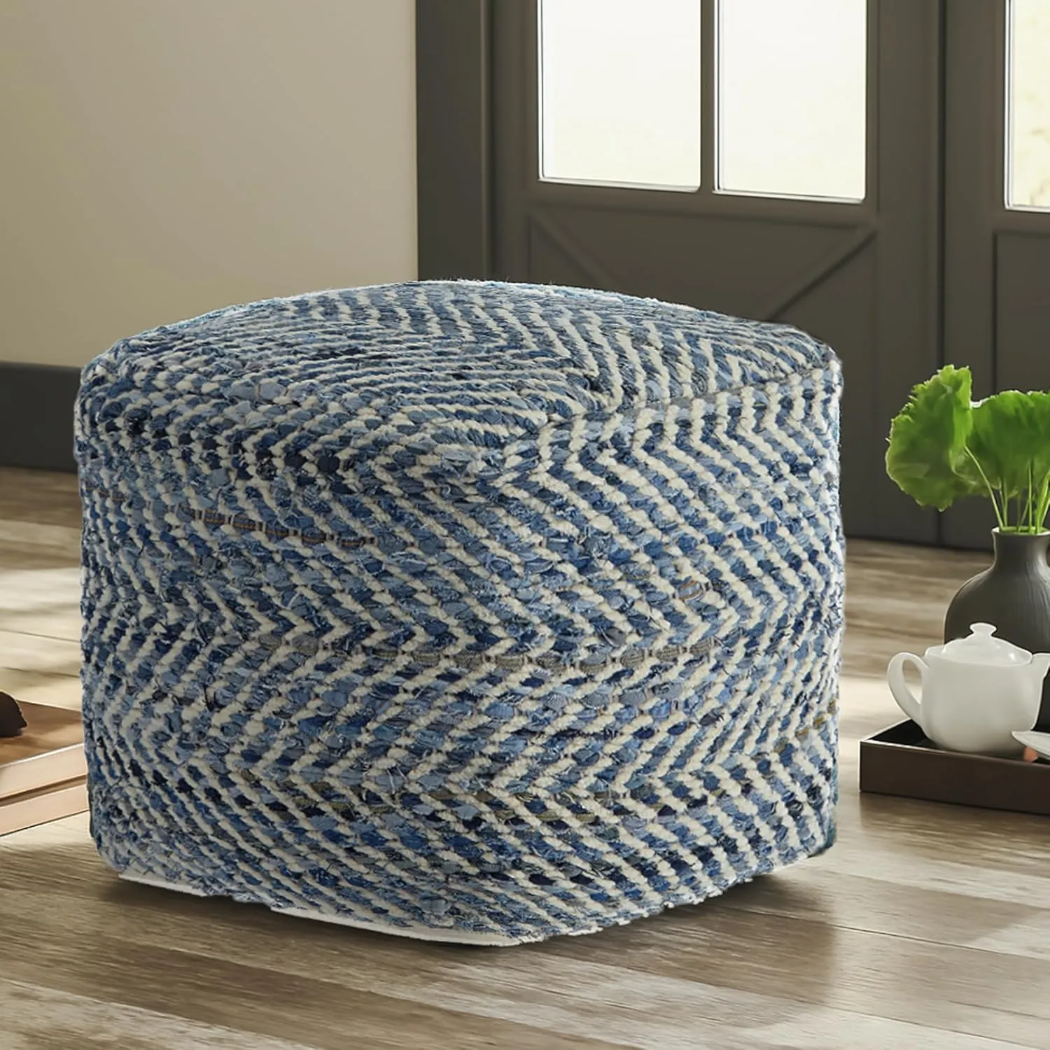 Signature Design by Ashley Chevron Handmade Woven Pouf 18 x 18, Blue and White