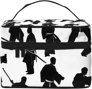 Silhouettes of Martial Arts Print Portable Travel Makeup Case Versatile Zipper for Makeup Bag Large Capacity Polyeste