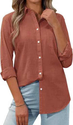 siliteelon Womens Button Down Shirt Linen Button Up Shirts for Women Long Sleeve Summer Shirt Collared Blouse Linen Tops