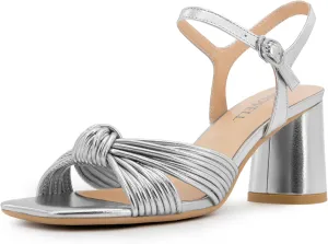 Silver Heeled Sandals Chunky Heel Strappy Metallic Braided Knotted Square Open Toe Ankle Strap Block Heel Sandals Size 7