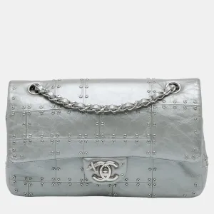 Silver Leather Medium Embellished Airline Double Flap Bag