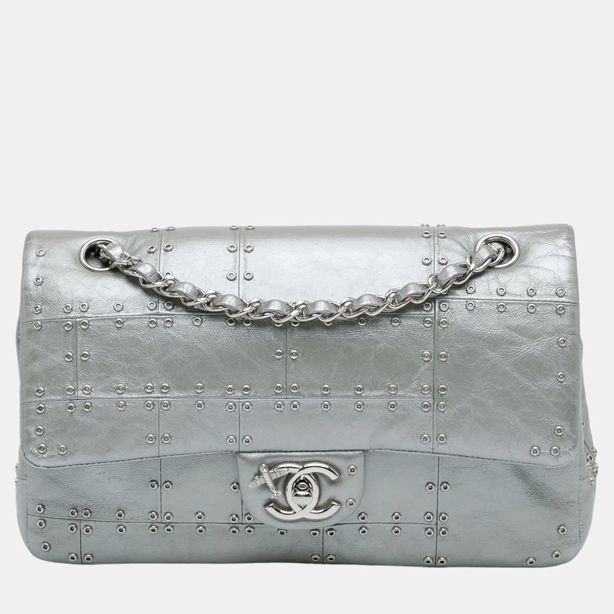Silver Leather Medium Embellished Airline Double Flap Bag