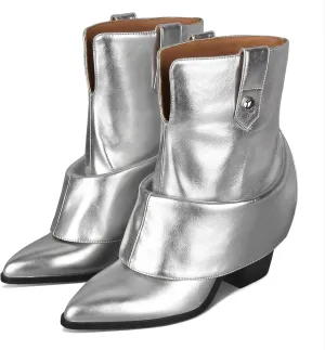 Silver Mid Calf Boots Statement Design Metallic Cowboy Style 8CM Block Heel Faux Leather Stylish Western Look for Party and Streetwear