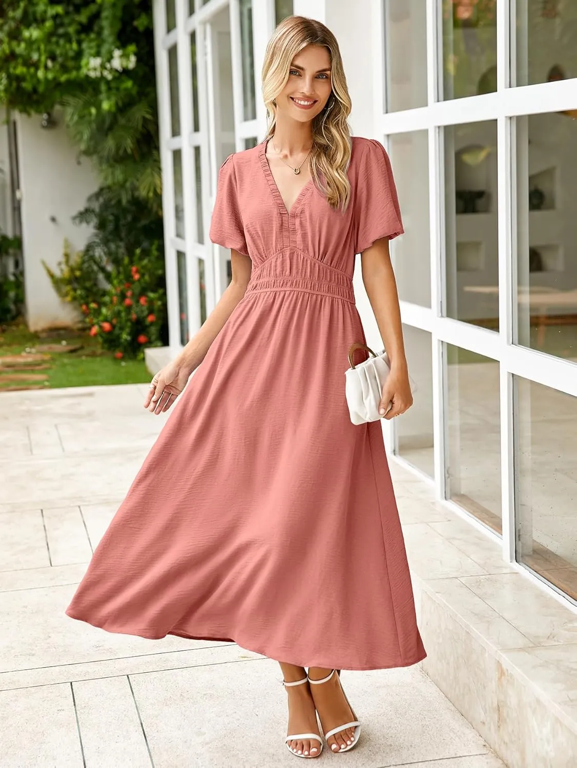 Simplee Women's Summer Flowy Midi Dress Casual V Neck Short Sleeve Empire Waist Boho Beach Dress Wedding Guest Maxi Dress