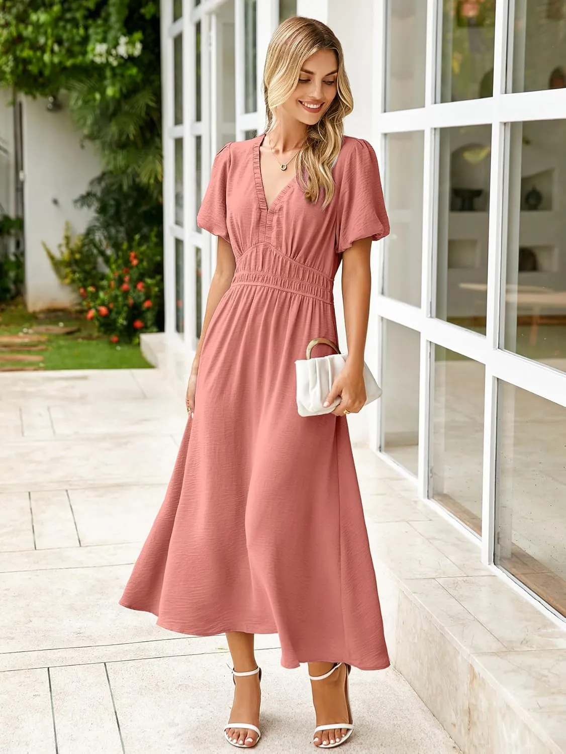 Simplee Women's Summer Flowy Midi Dress Casual V Neck Short Sleeve Empire Waist Boho Beach Dress Wedding Guest Maxi Dress