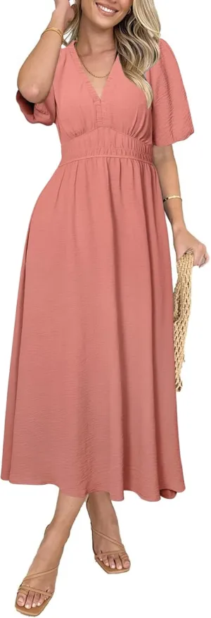 Simplee Women's Summer Flowy Midi Dress Casual V Neck Short Sleeve Empire Waist Boho Beach Dress Wedding Guest Maxi Dress