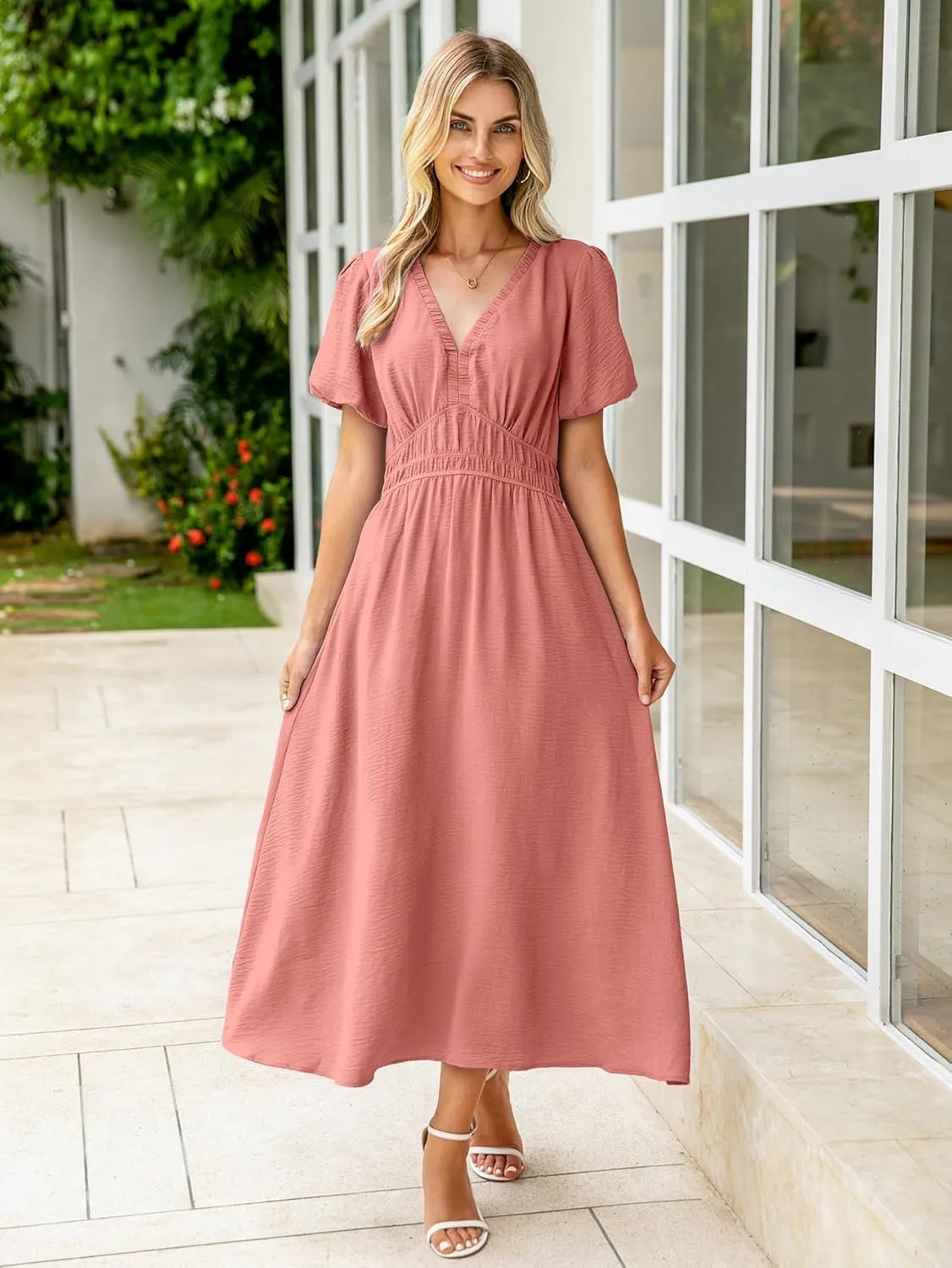 Simplee Women's Summer Flowy Midi Dress Casual V Neck Short Sleeve Empire Waist Boho Beach Dress Wedding Guest Maxi Dress