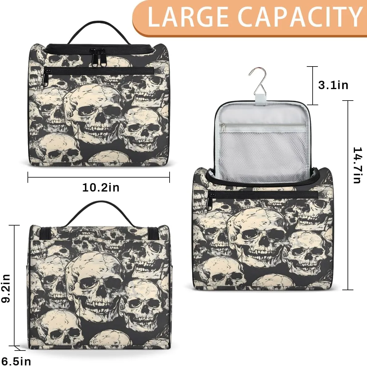 Skeleton Gothic Skull Travel Toiletry Bag for Men and Women, Large Hanging Makeup Bag Organizer Toiletries Bag for Travel, Cosmetic Bag with Handle