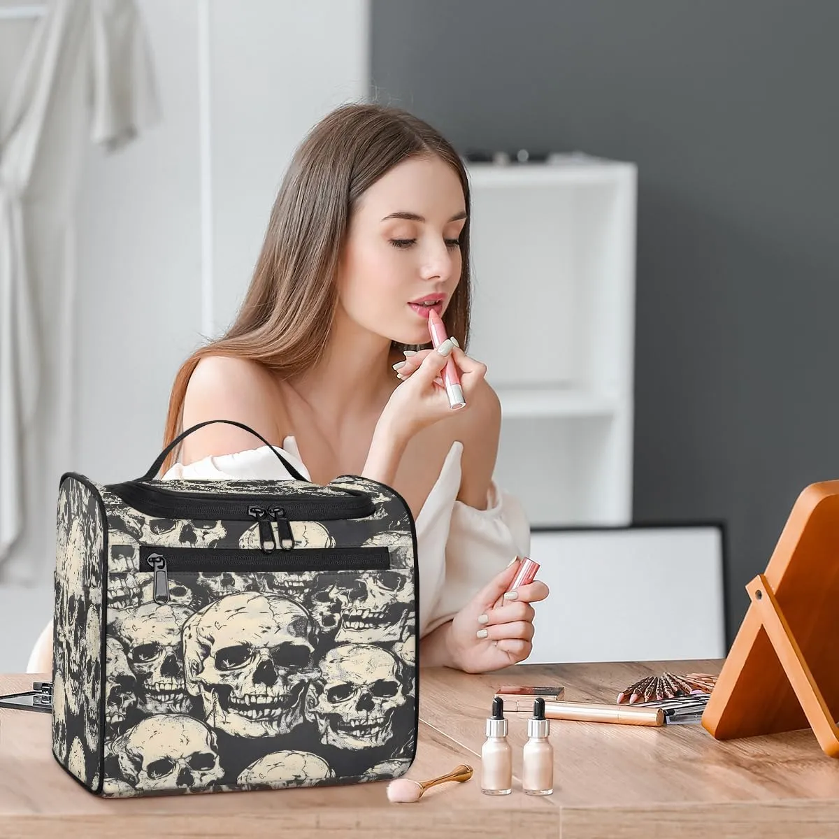 Skeleton Gothic Skull Travel Toiletry Bag for Men and Women, Large Hanging Makeup Bag Organizer Toiletries Bag for Travel, Cosmetic Bag with Handle