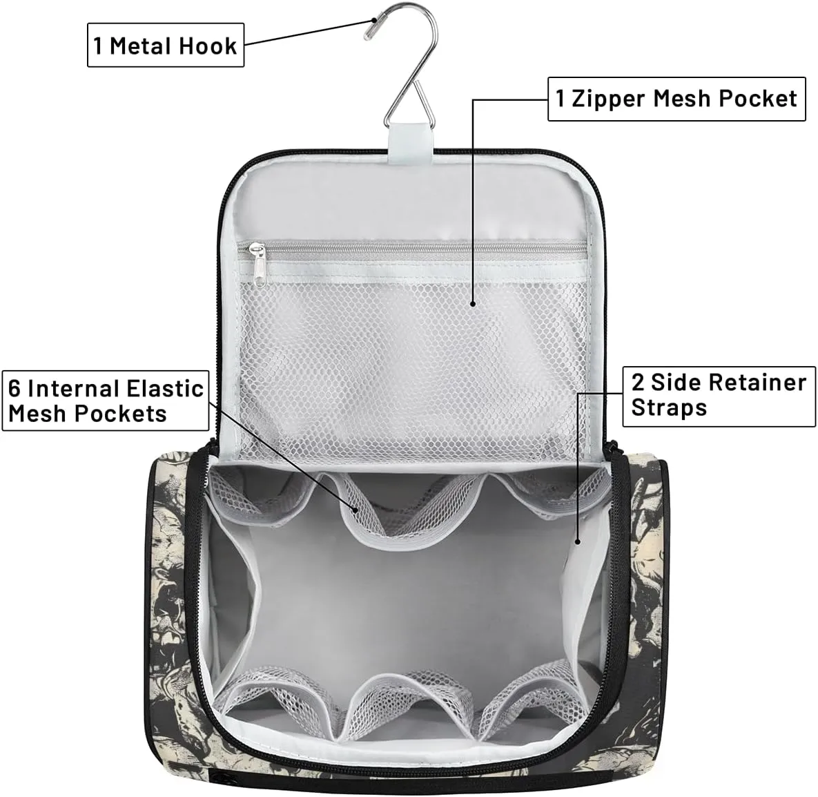 Skeleton Gothic Skull Travel Toiletry Bag for Men and Women, Large Hanging Makeup Bag Organizer Toiletries Bag for Travel, Cosmetic Bag with Handle