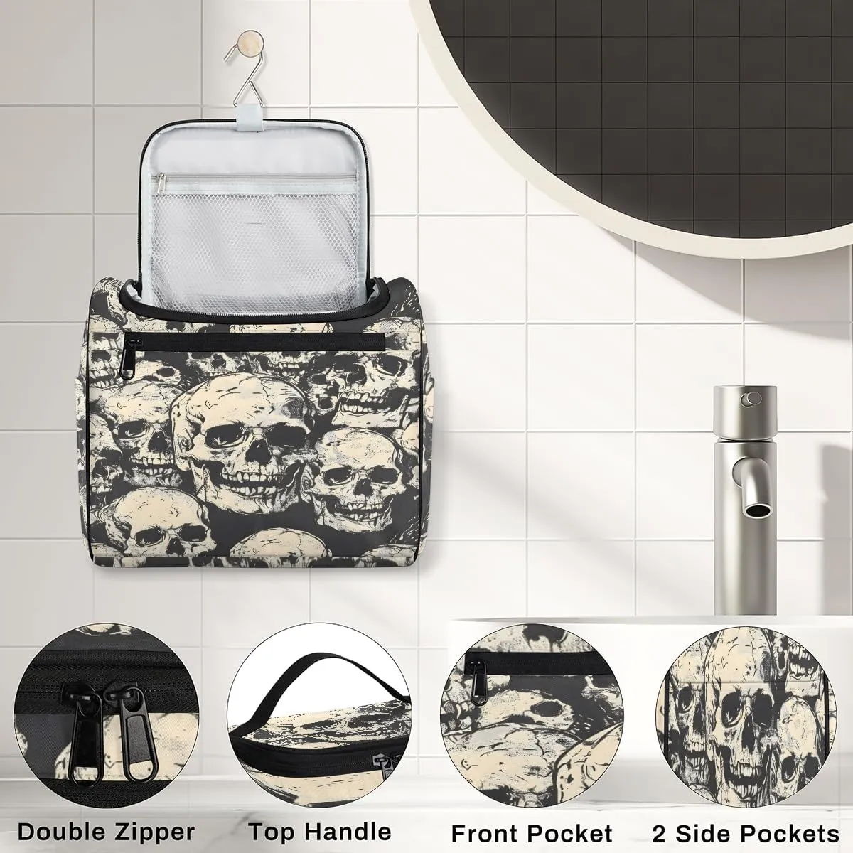 Skeleton Gothic Skull Travel Toiletry Bag for Men and Women, Large Hanging Makeup Bag Organizer Toiletries Bag for Travel, Cosmetic Bag with Handle