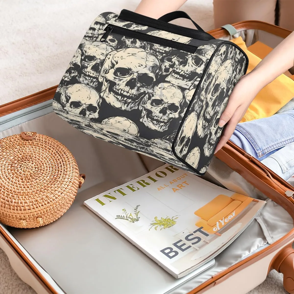 Skeleton Gothic Skull Travel Toiletry Bag for Men and Women, Large Hanging Makeup Bag Organizer Toiletries Bag for Travel, Cosmetic Bag with Handle