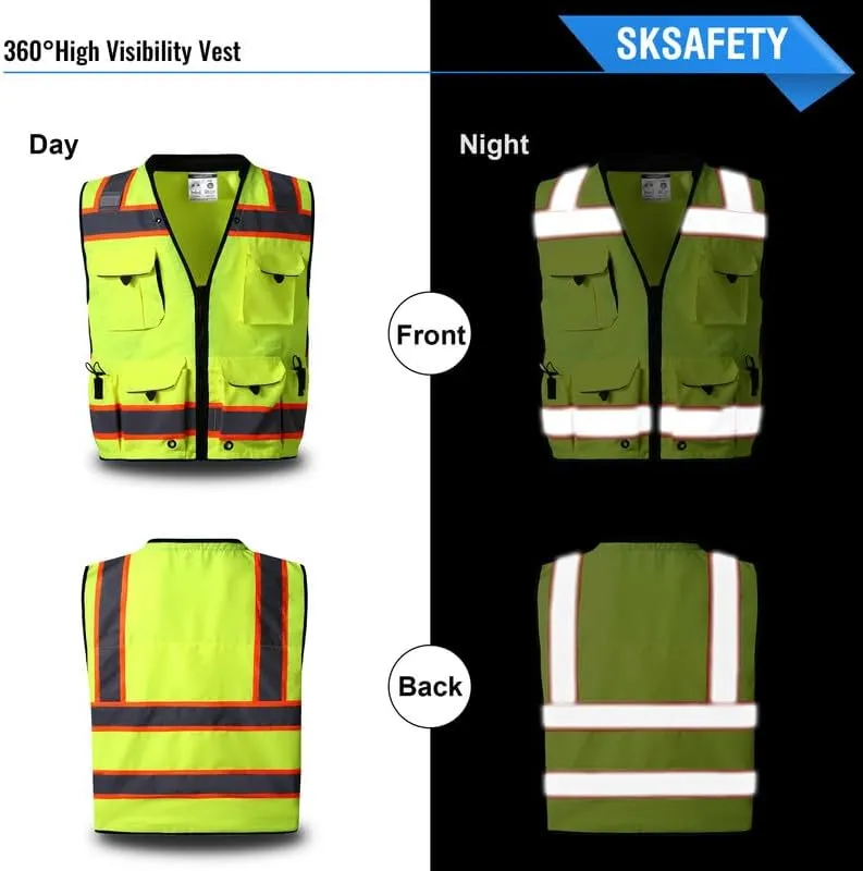 SKSAFETY 12 Pockets Professional level Safety Vest, Class 2 High Visibility Vest, ANSI/ISEA