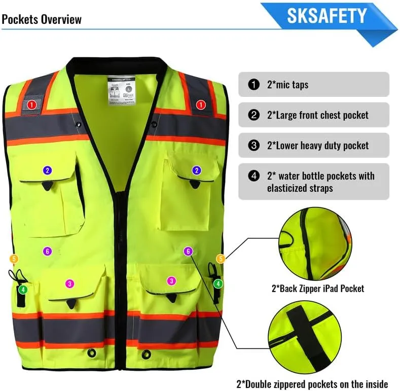 SKSAFETY 12 Pockets Professional level Safety Vest, Class 2 High Visibility Vest, ANSI/ISEA