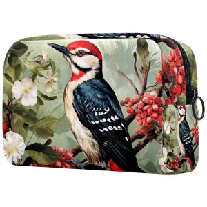 Small Makeup Bag Pouch for Purse, Travel Cosmetic Bag, Portable Toiletry Bag for Women Girls Gifts - Woodpecker Bird on Red Berries Branch
