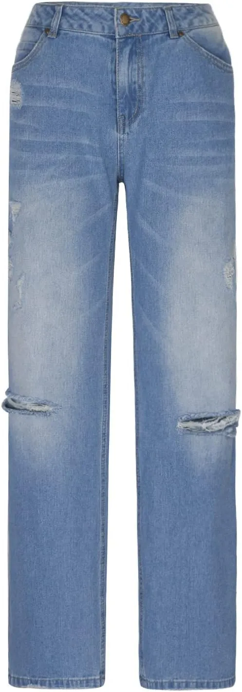 SMIDOW Women Stacked Pants Ripped Jeans Boyfriend Distressed Baggy Cargo Straight Leg Pants