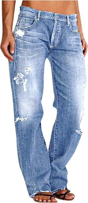 SMIDOW Women Stacked Pants Ripped Jeans Boyfriend Distressed Baggy Cargo Straight Leg Pants