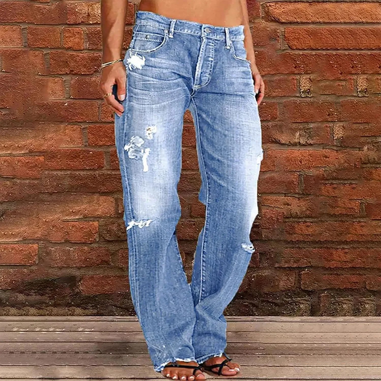 SMIDOW Women Stacked Pants Ripped Jeans Boyfriend Distressed Baggy Cargo Straight Leg Pants