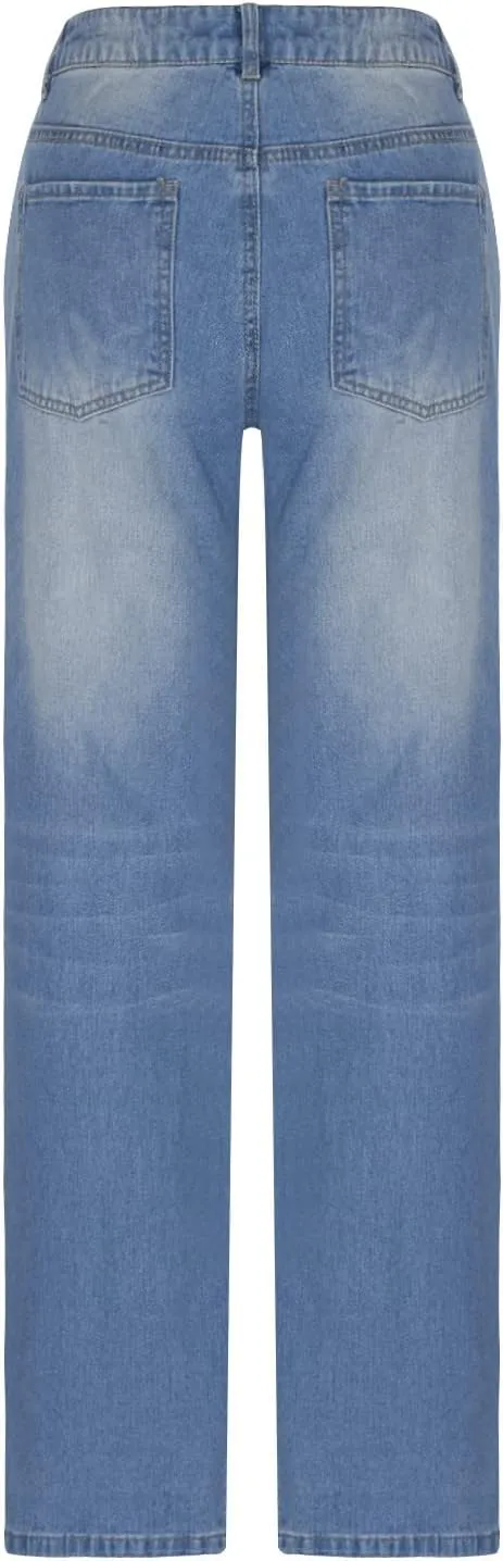 SMIDOW Women Stacked Pants Ripped Jeans Boyfriend Distressed Baggy Cargo Straight Leg Pants