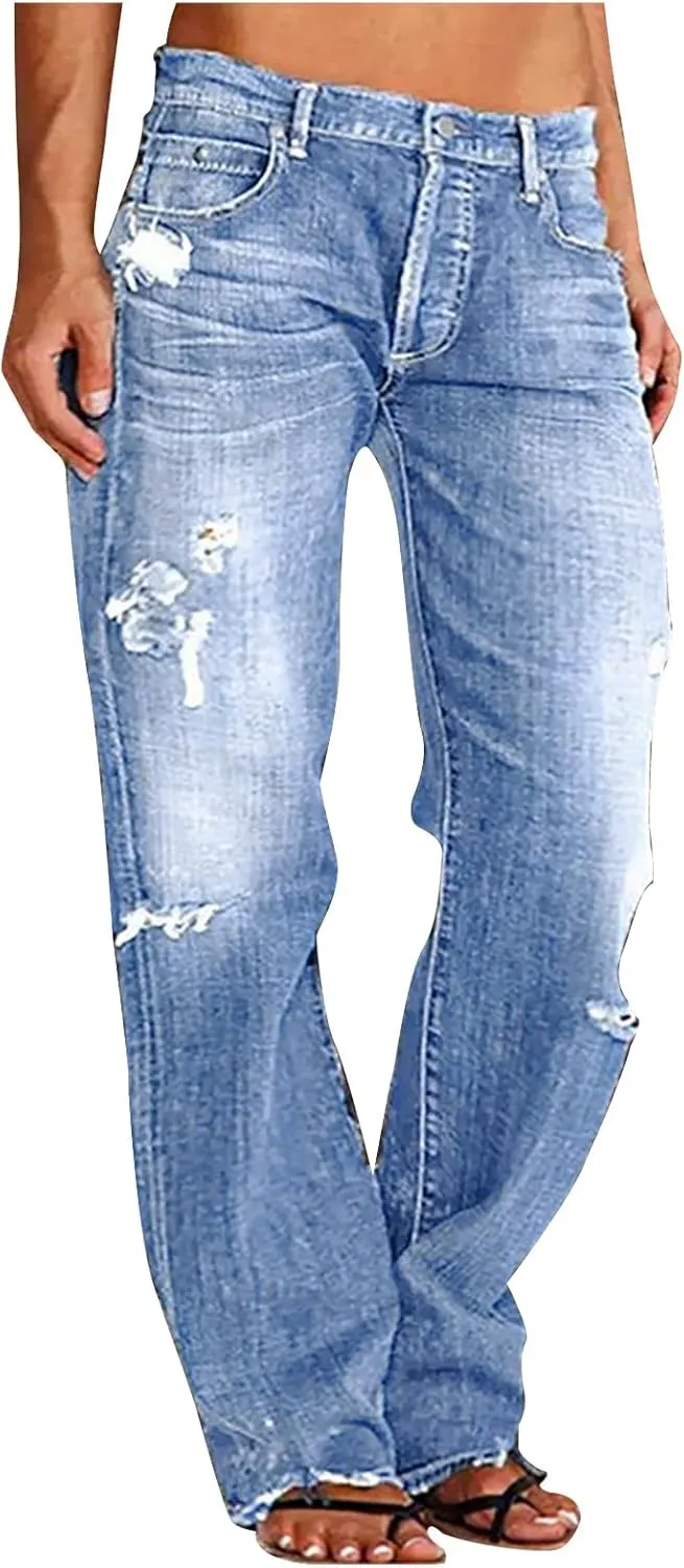 SMIDOW Women Stacked Pants Ripped Jeans Boyfriend Distressed Baggy Cargo Straight Leg Pants